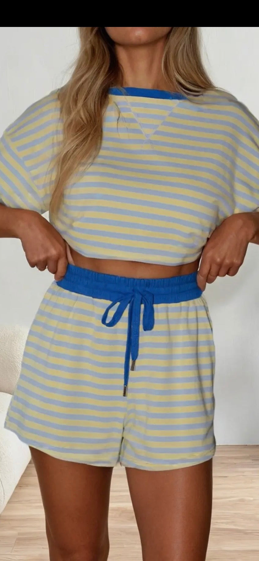 Las stripe contrast Trim Boxy Terry Short Set