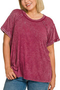 Plus Washed Ribbed Cuffed Short Sleeve R-neck Top