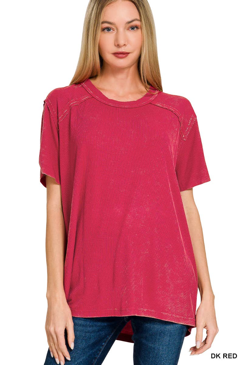 Washed Ribbed Short Sleeve Boat-neck Top
