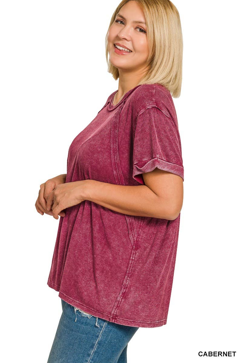 Plus Washed Ribbed Cuffed Short Sleeve R-neck Top