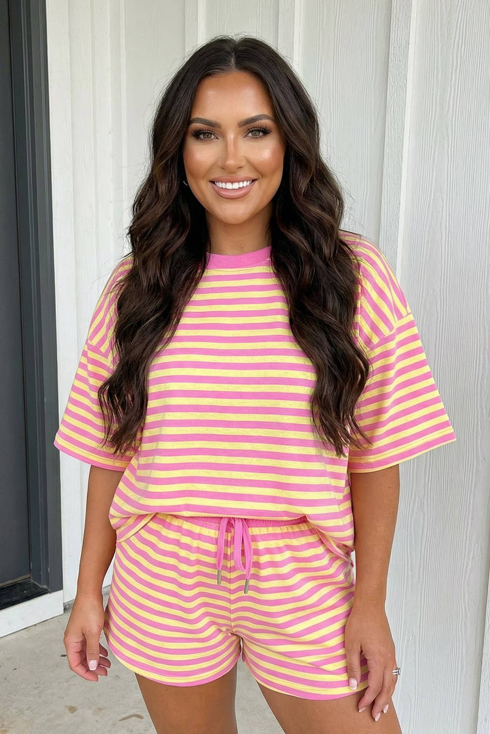 LAS Stripe Contrast Trim Boxy Terry Short Set (S-XL)