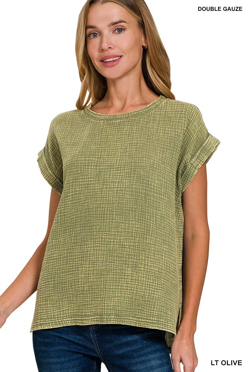 Woven Double Gauze Acid Washed Short Sleeve Top