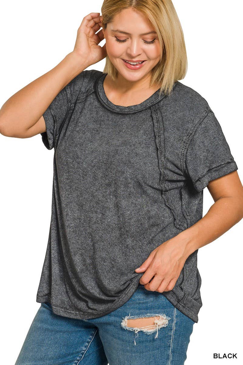Plus Washed Ribbed Cuffed Short Sleeve R-neck Top