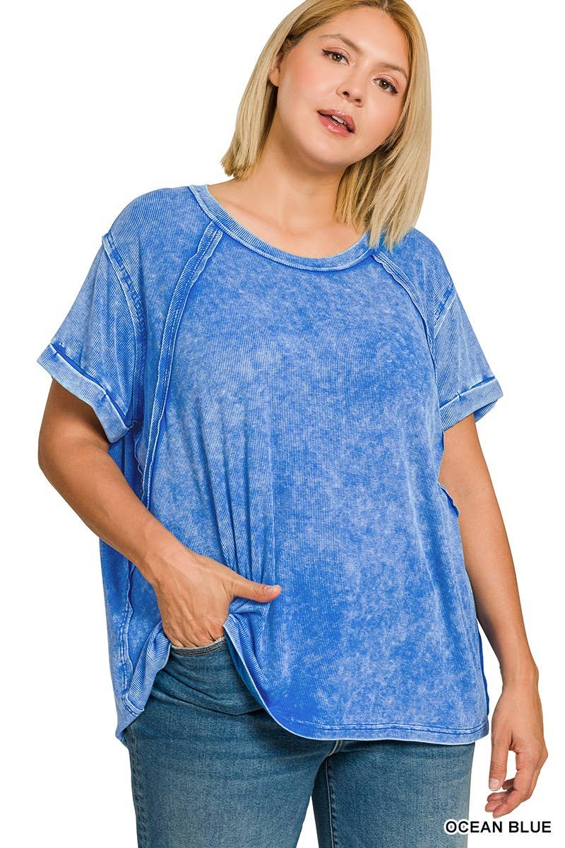 Plus Washed Ribbed Cuffed Short Sleeve R-neck Top