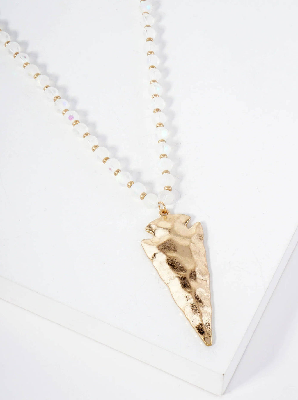 30 Inch Long Hammered Arrowhead Pendant Glass Crystal Necklace