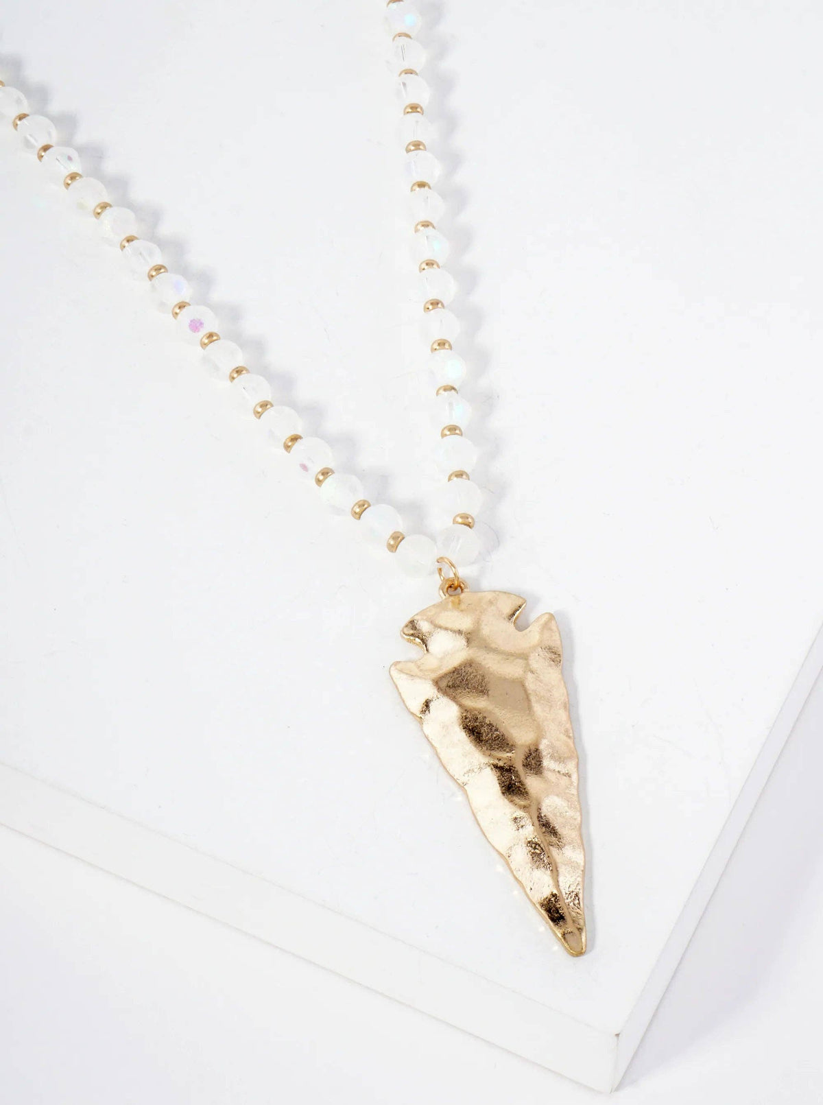 30 Inch Long Hammered Arrowhead Pendant Glass Crystal Necklace