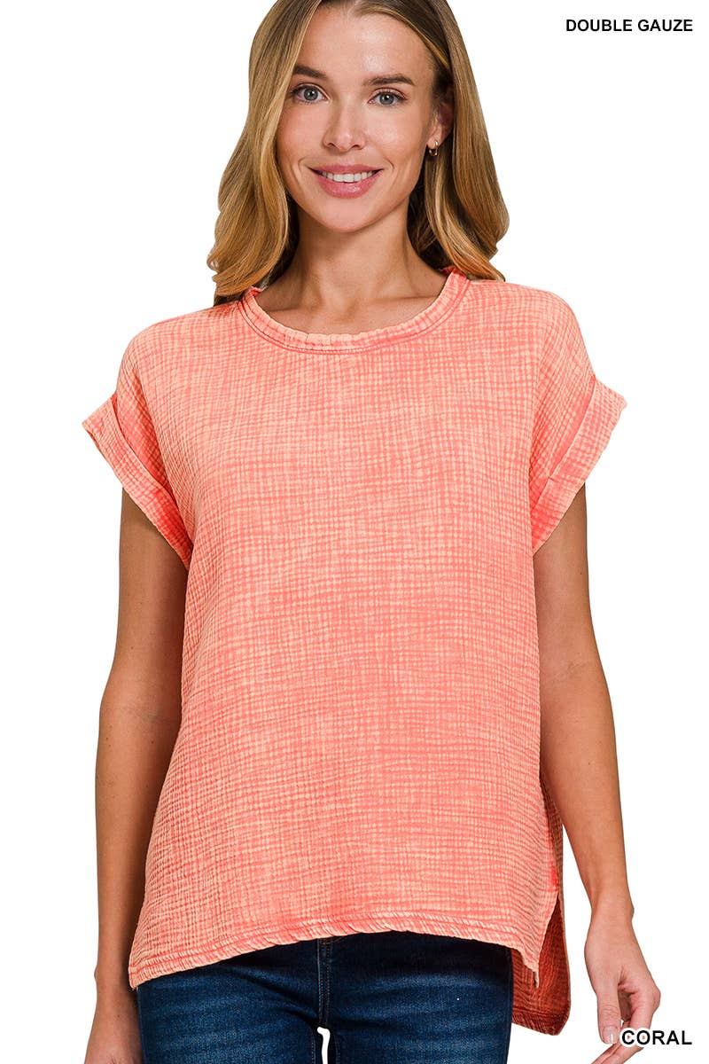 Woven Double Gauze Acid Washed Short Sleeve Top