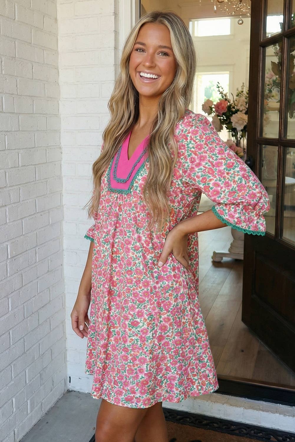 LAS Floral Print Patchwork Bubble Sleeve Mini Dress (S-XL)