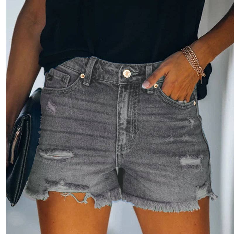 High-Waisted Ripped Stretch Denim Shorts for Summer