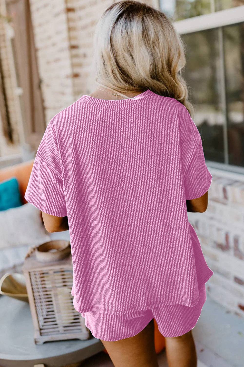 Phalaenopsi Ribbed Textured Knit Loose Fit Tee Shorts Set
