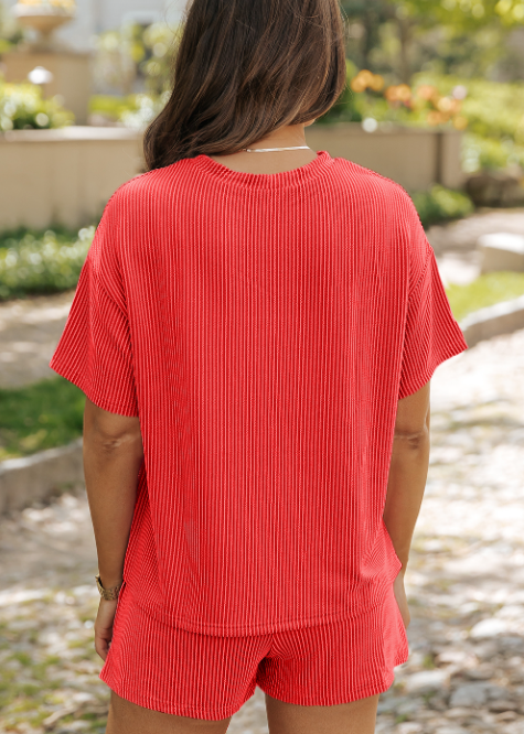 Phalaenopsi Ribbed Textured Knit Loose Fit Tee Shorts Set