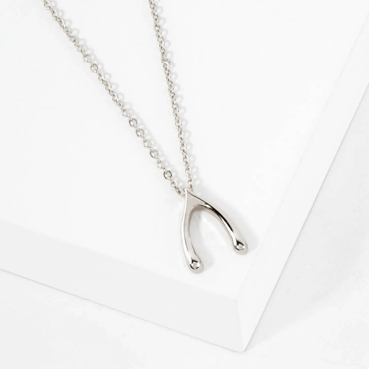 Polished Metal Wishbone Pendant Necklace