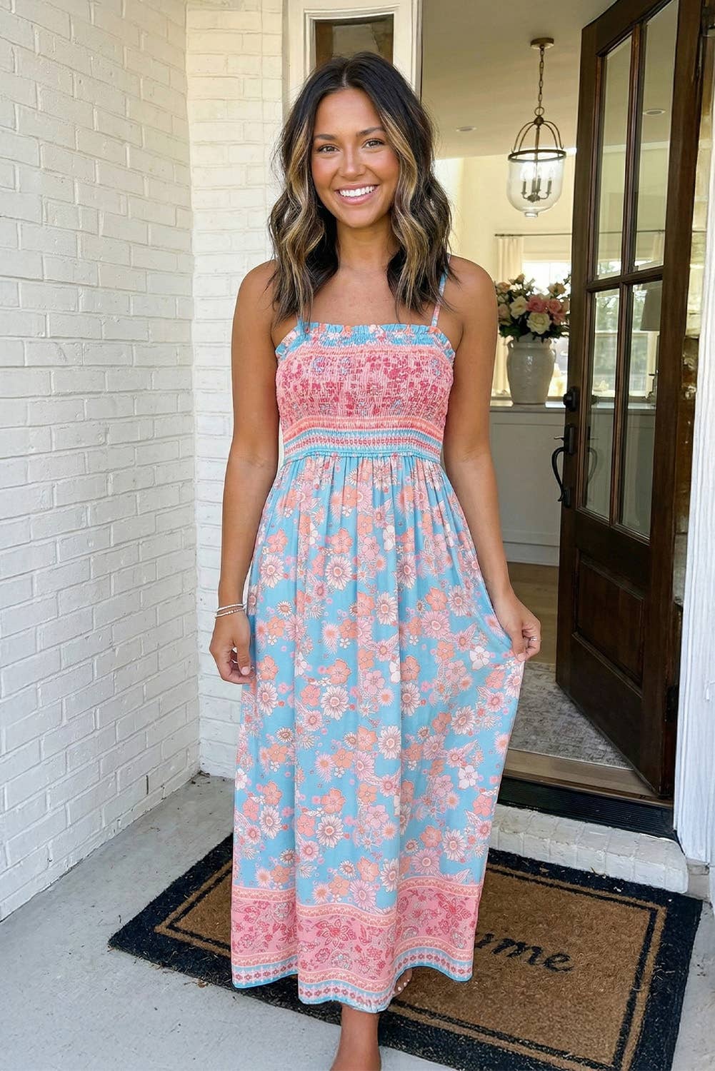 LA Society - LAS Ethnic Floral Spaghetti Strap Vacation Maxi Skirt (S-XL)