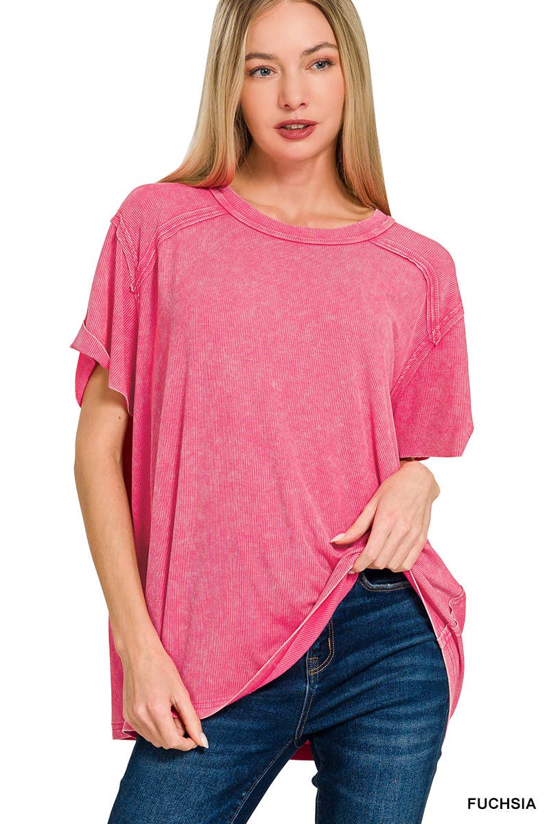 Washed Ribbed Short Sleeve Boat-neck Top