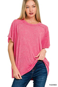 Washed Ribbed Short Sleeve Boat-neck Top