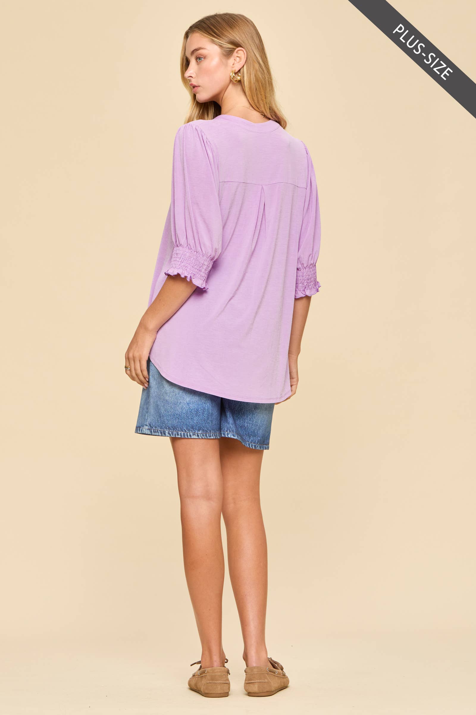 PLUS SIZE Smocked 3/4 Sleeve Lizzy Top