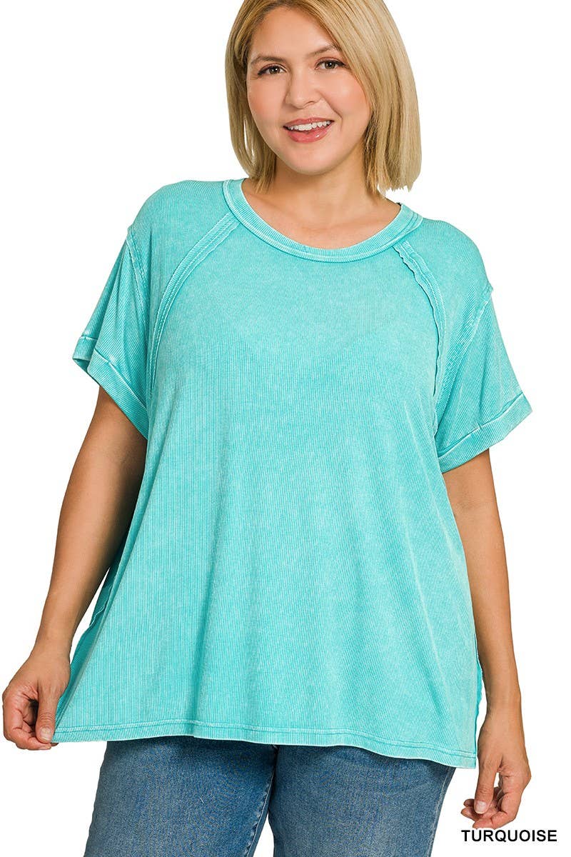Plus Washed Ribbed Cuffed Short Sleeve R-neck Top