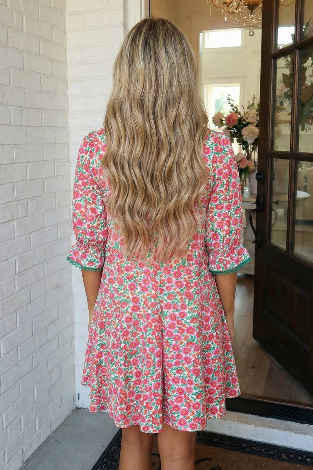LAS Floral Print Patchwork Bubble Sleeve Mini Dress (S-XL)