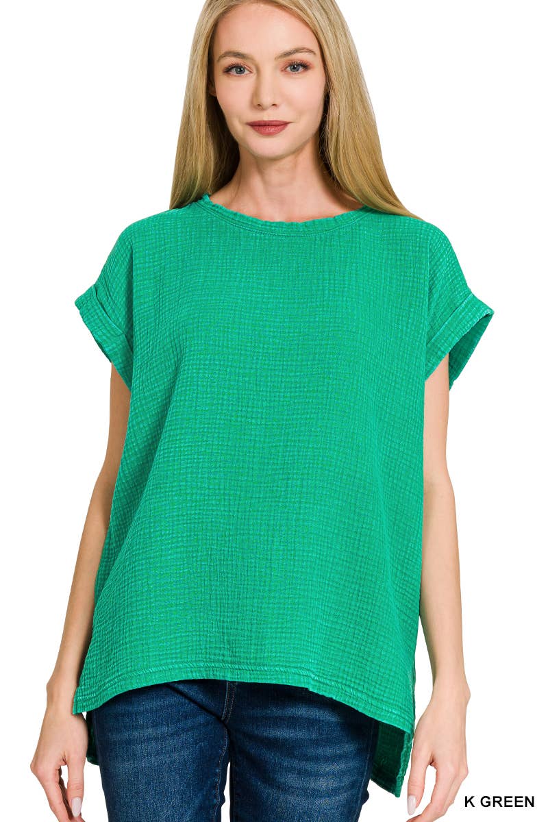 Woven Double Gauze Acid Washed Short Sleeve Top