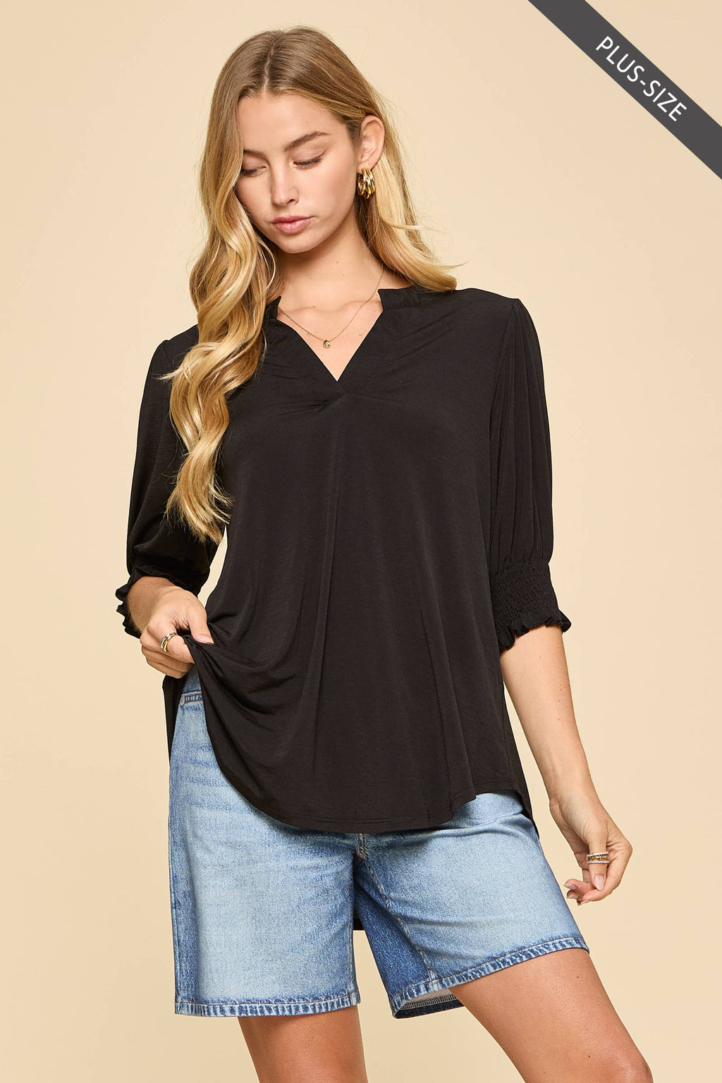 PLUS SIZE Smocked 3/4 Sleeve Lizzy Top