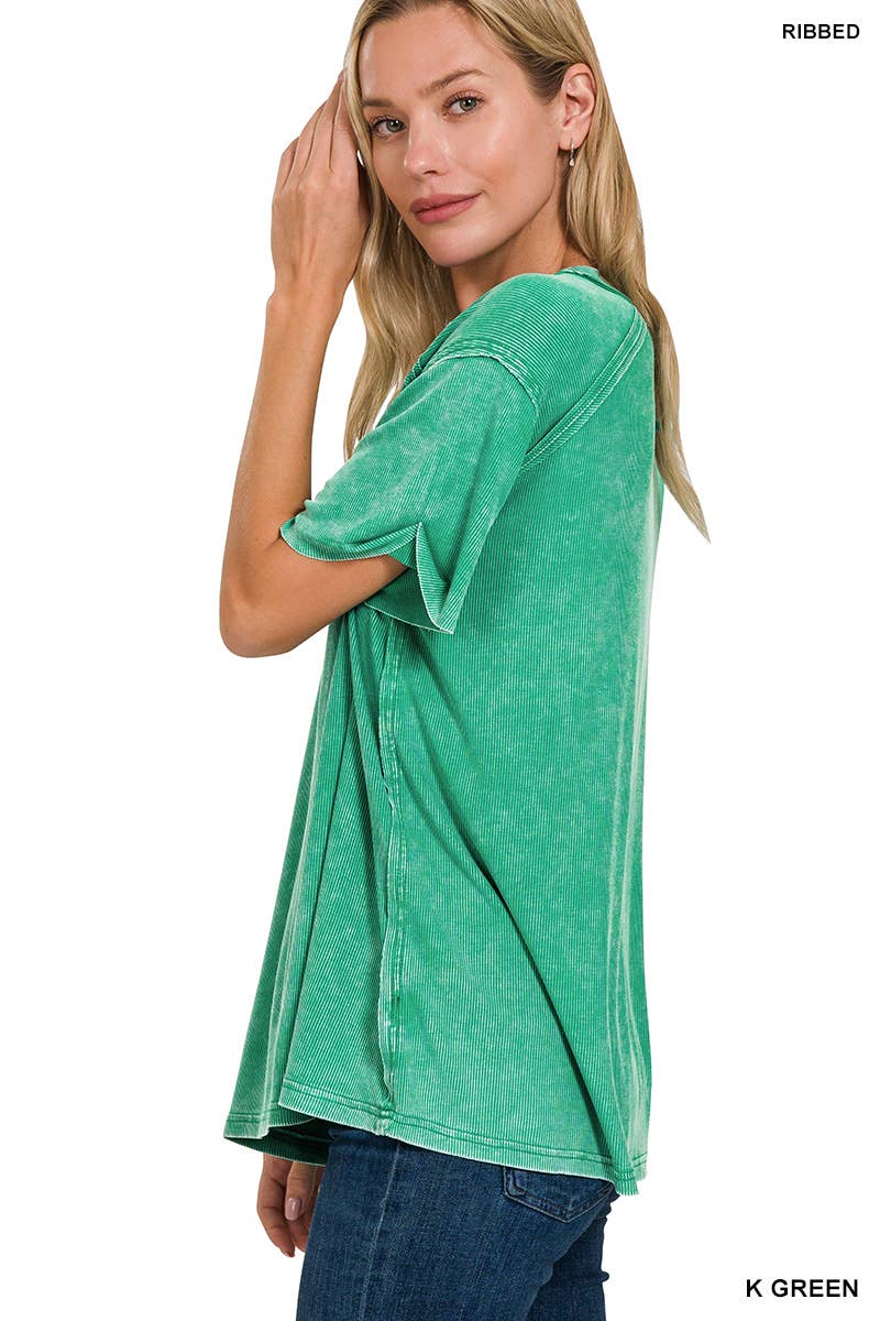 Washed Ribbed Short Sleeve Boat-neck Top