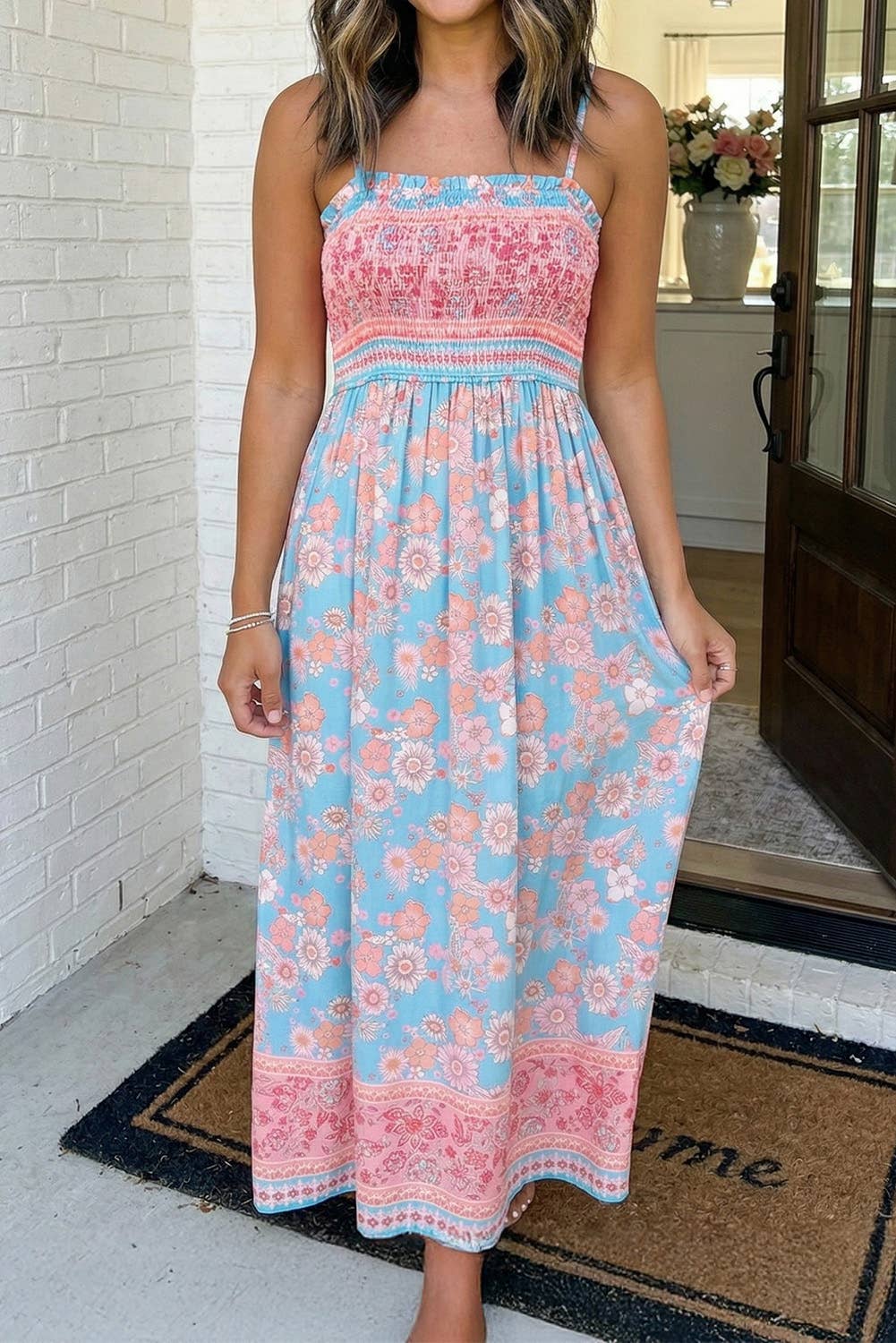 LA Society - LAS Ethnic Floral Spaghetti Strap Vacation Maxi Skirt (S-XL)