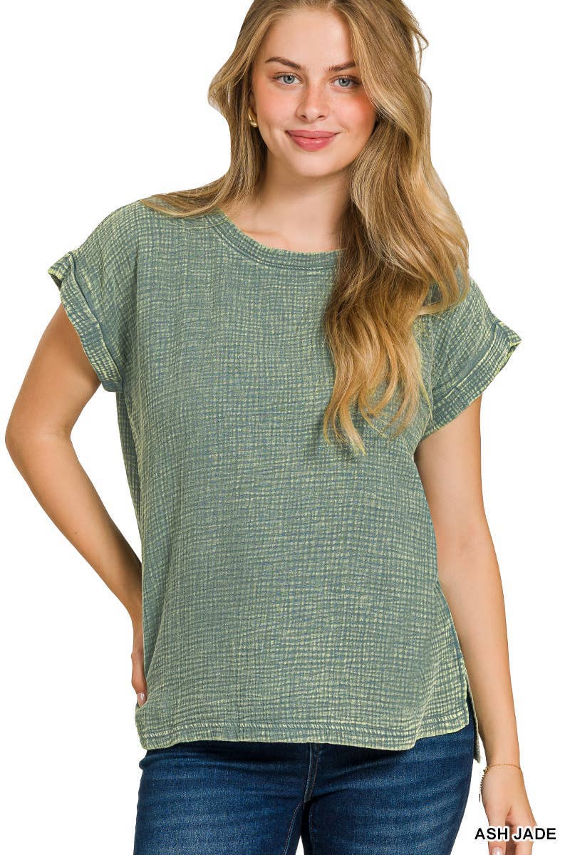 Woven Double Gauze Acid Washed Short Sleeve Top