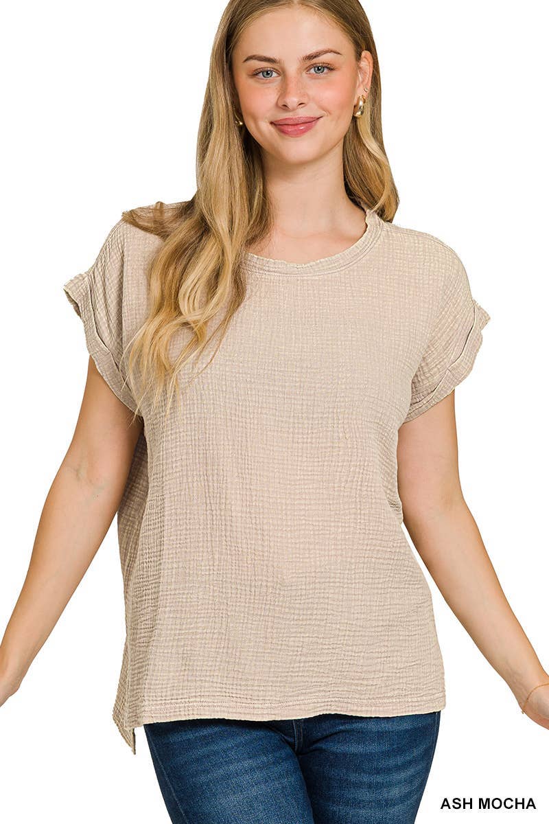 Woven Double Gauze Acid Washed Short Sleeve Top