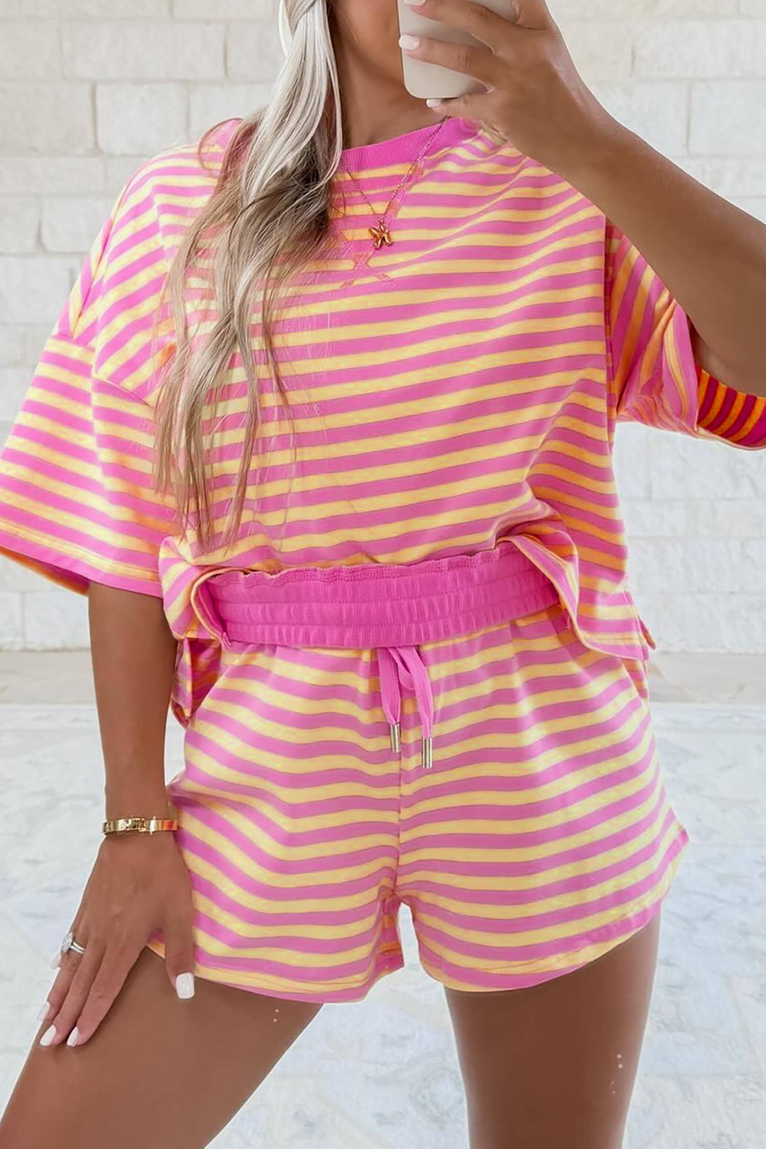 LAS Stripe Contrast Trim Boxy Terry Short Set (S-XL)