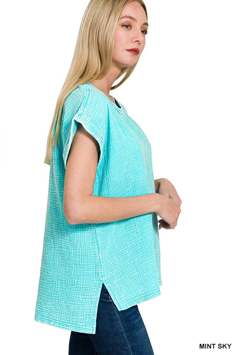 Woven Double Gauze Acid Washed Short Sleeve Top
