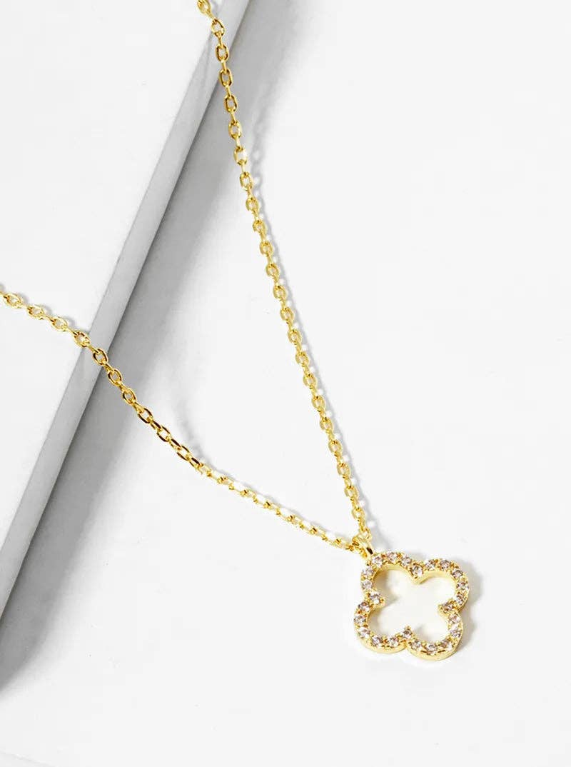 18K Gold Dipped Cz Pave 10Mm Quatrefoil Pendant Necklace
