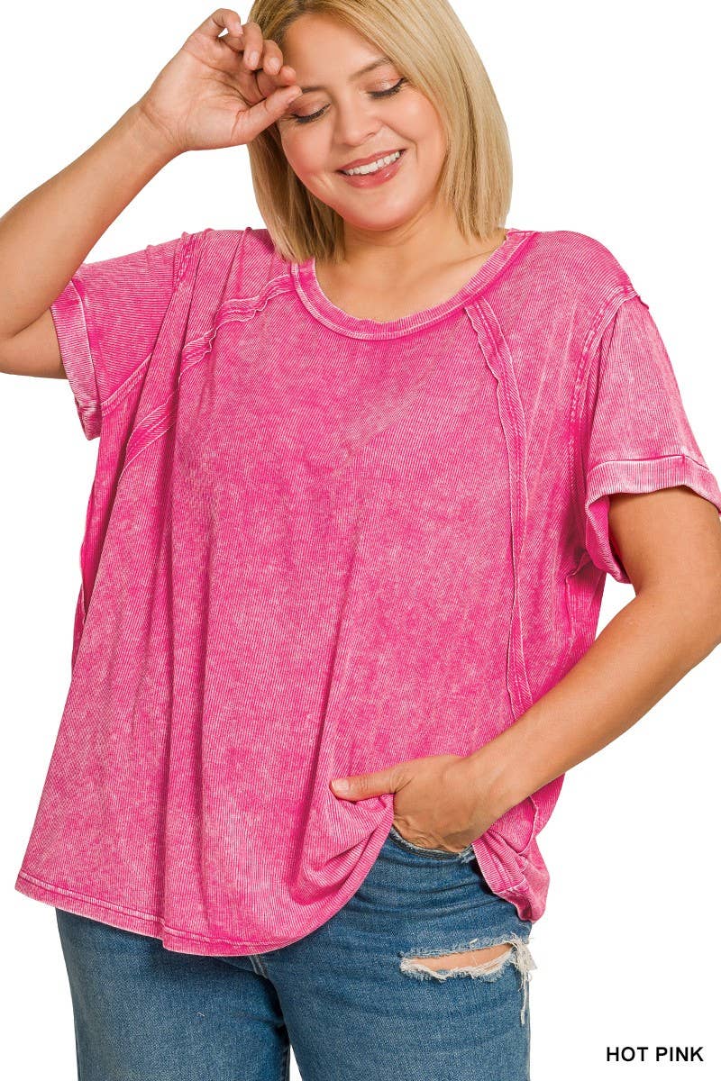 Plus Washed Ribbed Cuffed Short Sleeve R-neck Top