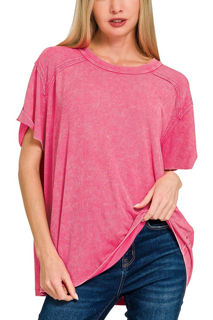 Washed Ribbed Short Sleeve Boat-neck Top