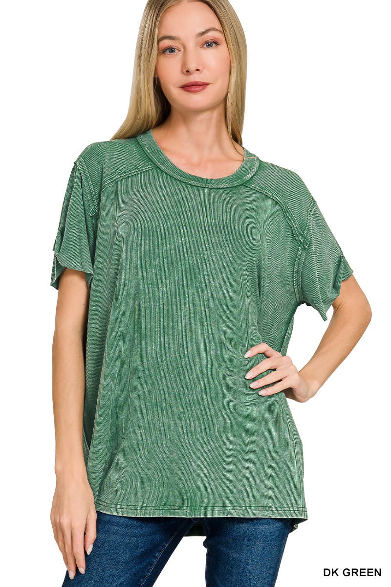 Washed Ribbed Short Sleeve Boat-neck Top