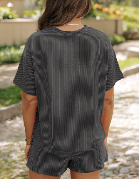 Phalaenopsi Ribbed Textured Knit Loose Fit Tee Shorts Set