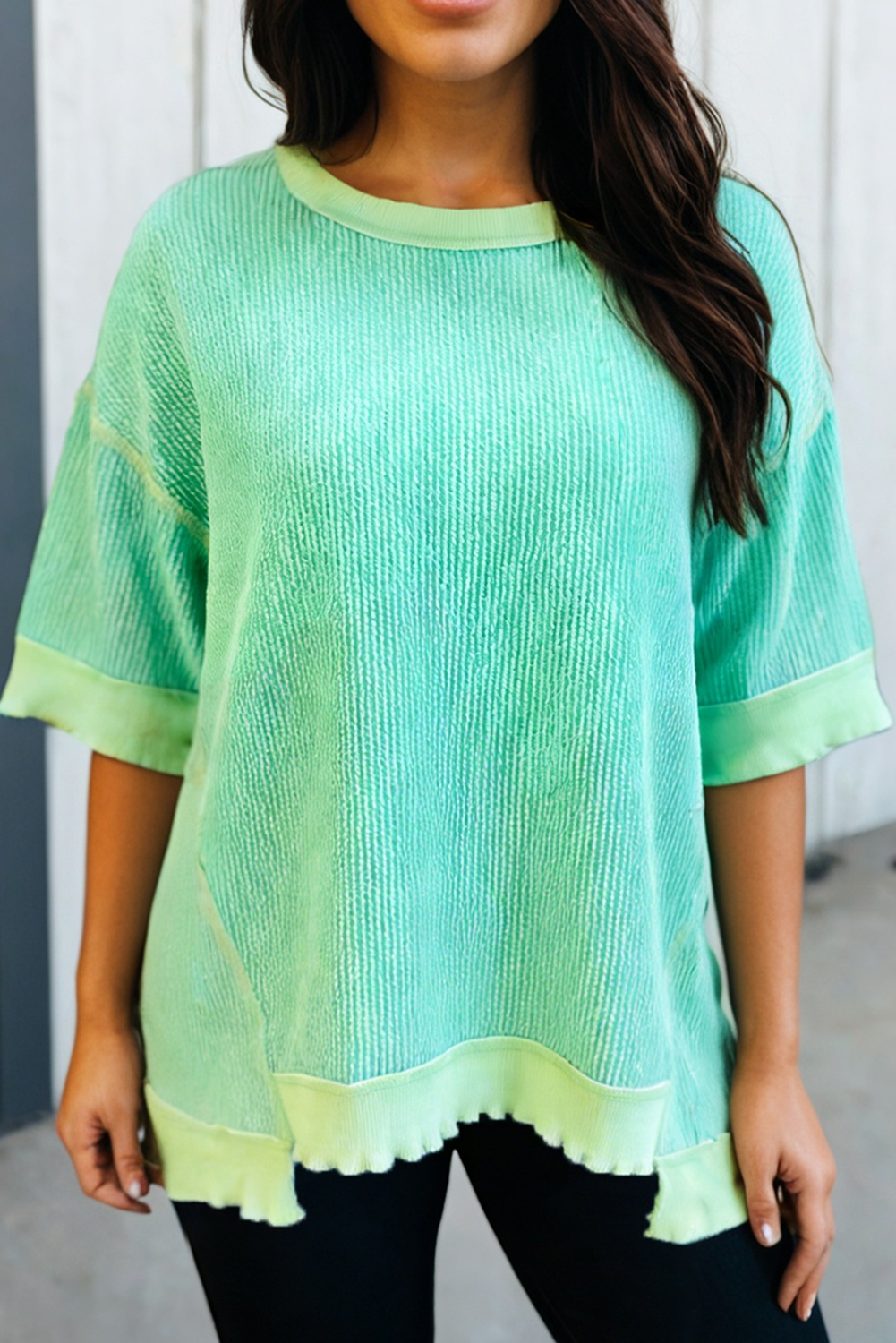 LAS Loose Uneven Hem Twist Ribbed T Shirt (S-XL)