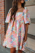 Women's Summer Floral Square Neck Puff Sleeve Babydoll Dress