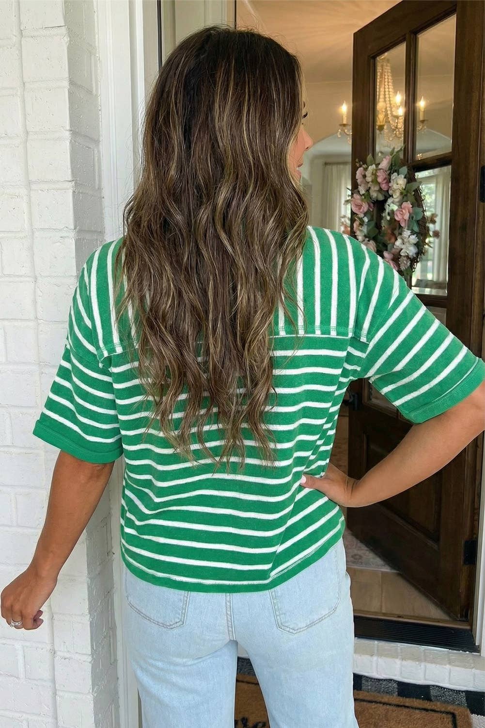 LAS Stripe Ribbed Patchwork Seam Half Sleeve Tee (S-XL)