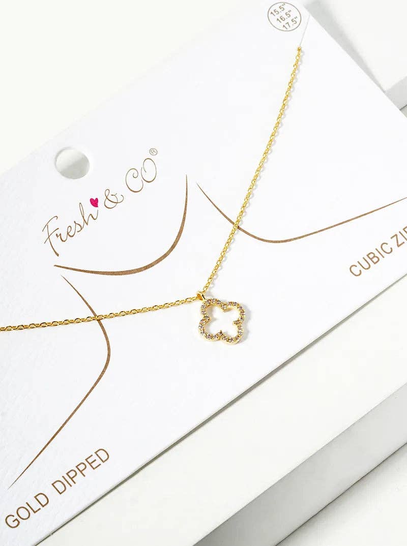 18K Gold Dipped Cz Pave 10Mm Quatrefoil Pendant Necklace