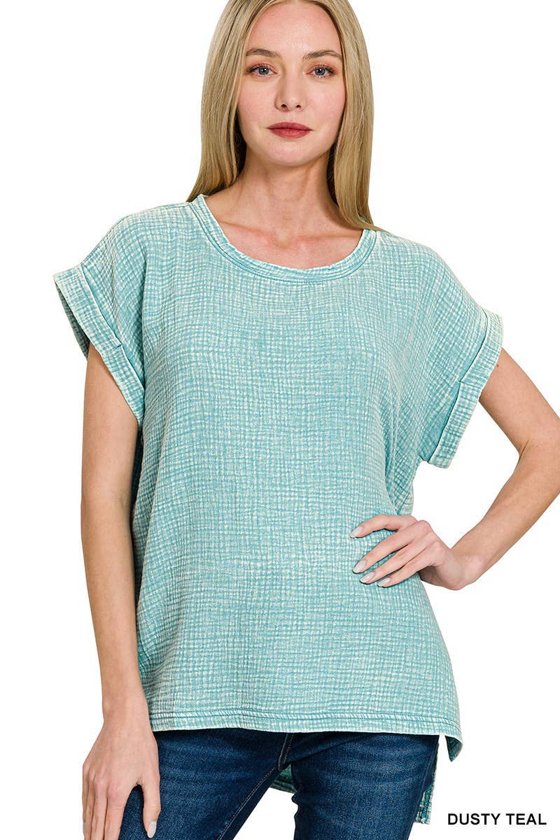 Woven Double Gauze Acid Washed Short Sleeve Top