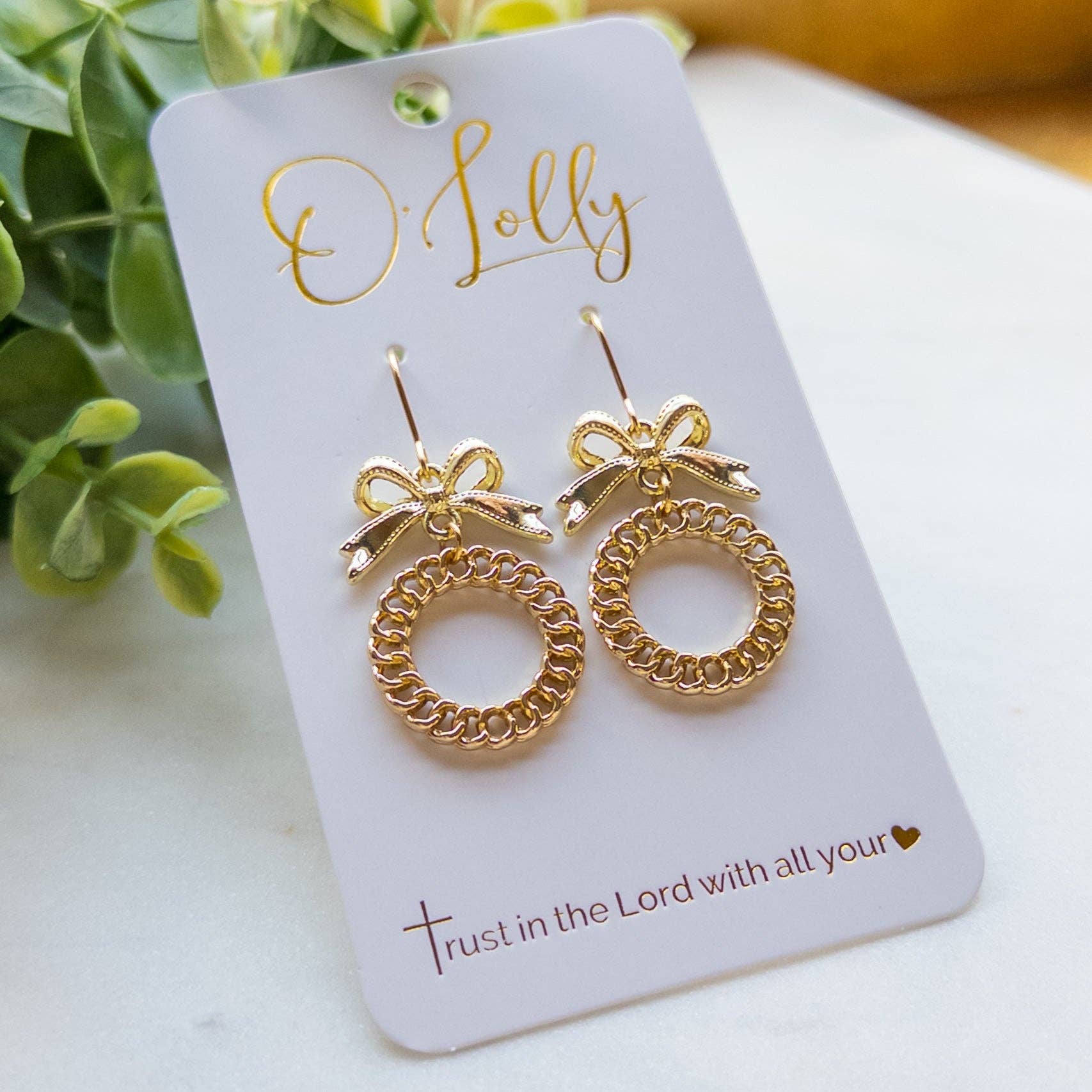 Gold Bow w/Open Twist Circle Dangle Earrings “Kin”
