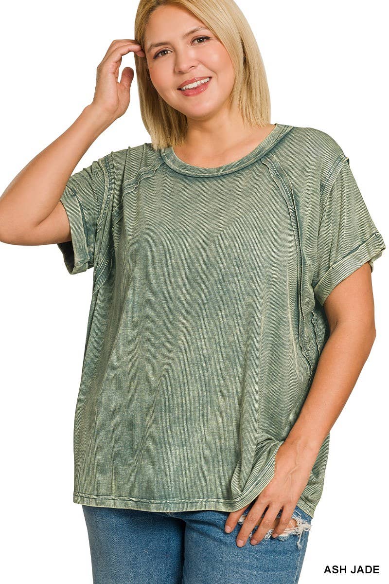 Plus Washed Ribbed Cuffed Short Sleeve R-neck Top