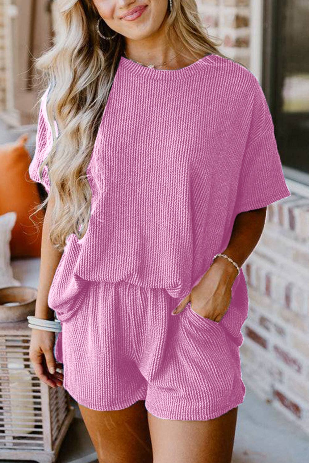 Phalaenopsi Ribbed Textured Knit Loose Fit Tee Shorts Set