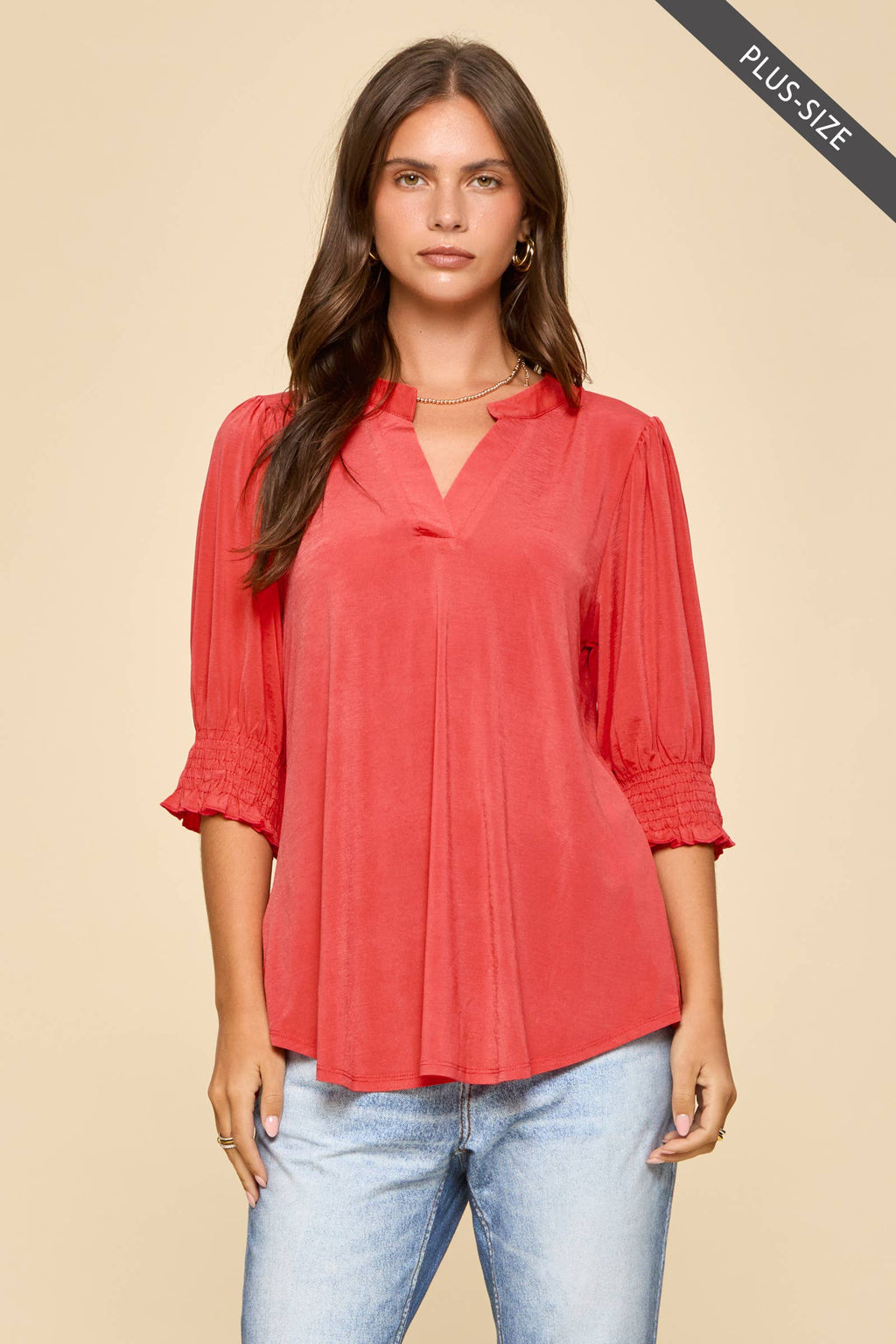 PLUS SIZE Smocked 3/4 Sleeve Lizzy Top