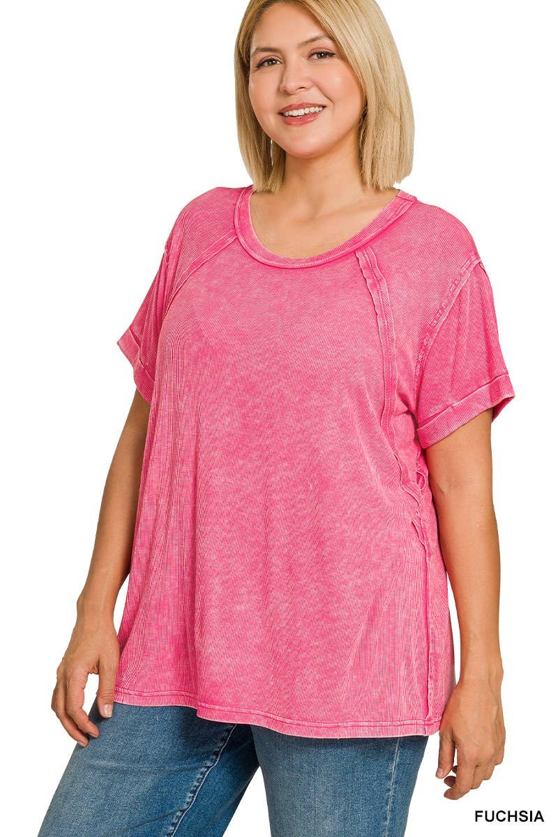 Plus Washed Ribbed Cuffed Short Sleeve R-neck Top