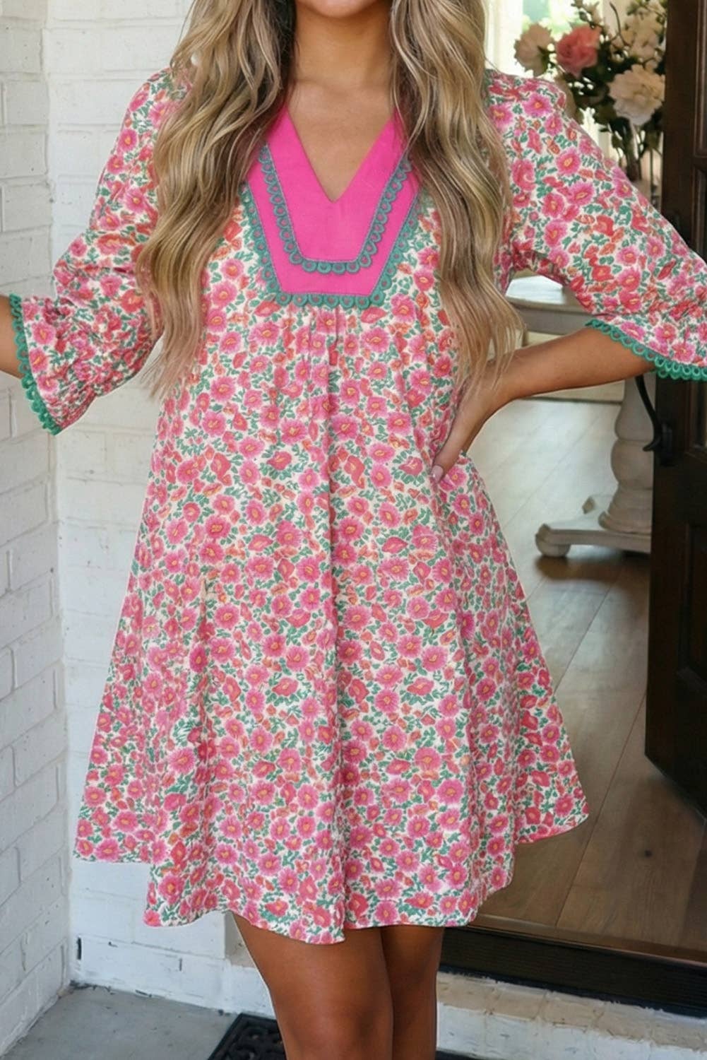 LAS Floral Print Patchwork Bubble Sleeve Mini Dress (S-XL)