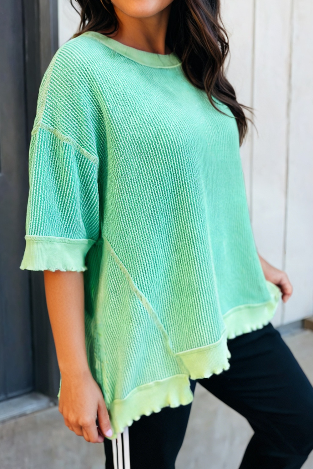 LAS Loose Uneven Hem Twist Ribbed T Shirt (S-XL)