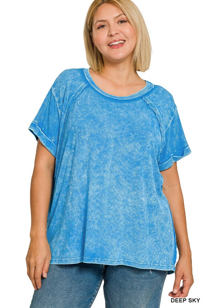 Plus Washed Ribbed Cuffed Short Sleeve R-neck Top