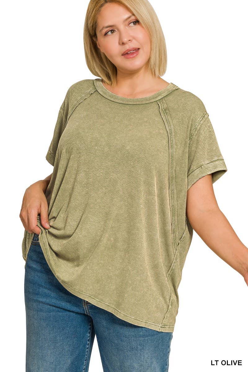 Plus Washed Ribbed Cuffed Short Sleeve R-neck Top