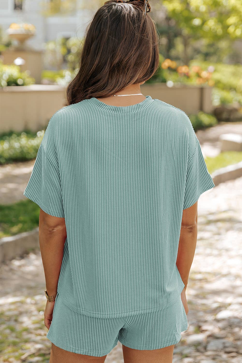 Phalaenopsi Ribbed Textured Knit Loose Fit Tee Shorts Set